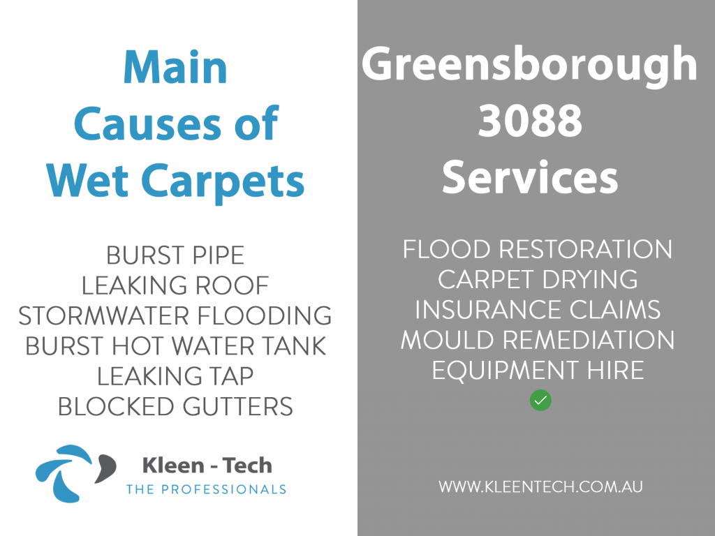 Causes of wet carpets and flood damage services available in Greensborough, Melbourne
