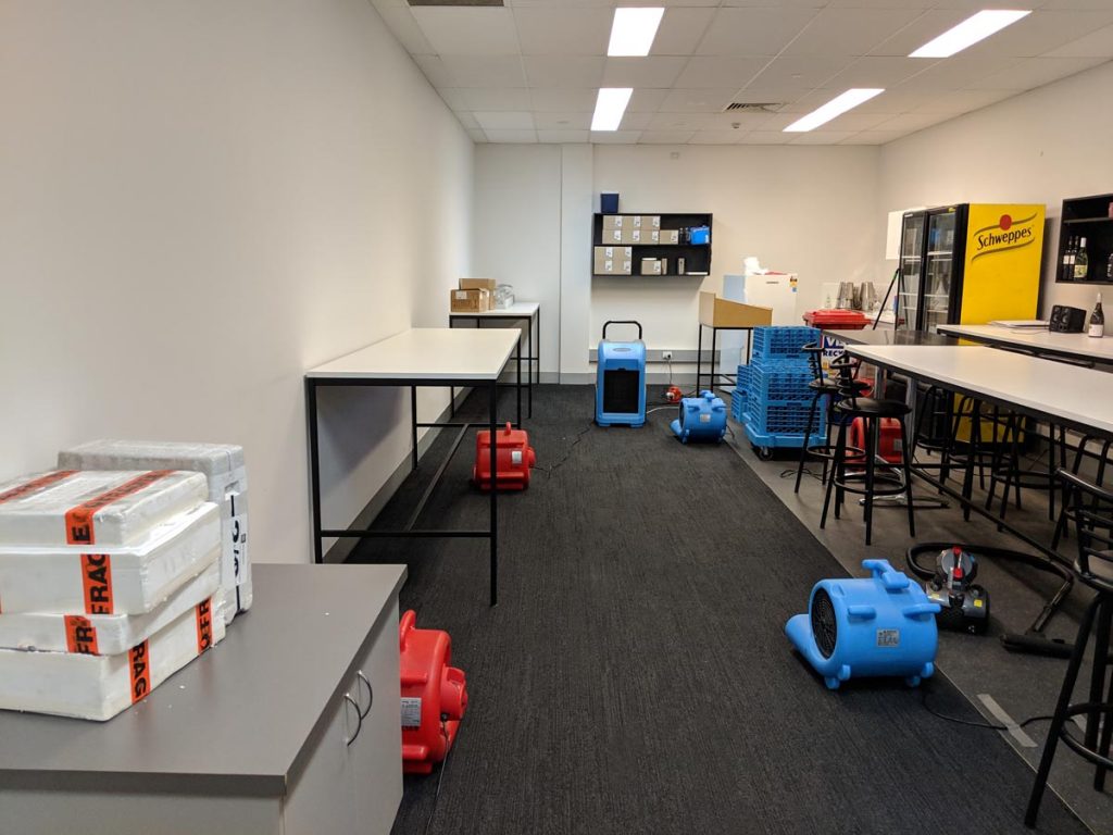 Wet carpet drying in Port Melbourne using dehumidifiers and air blowers